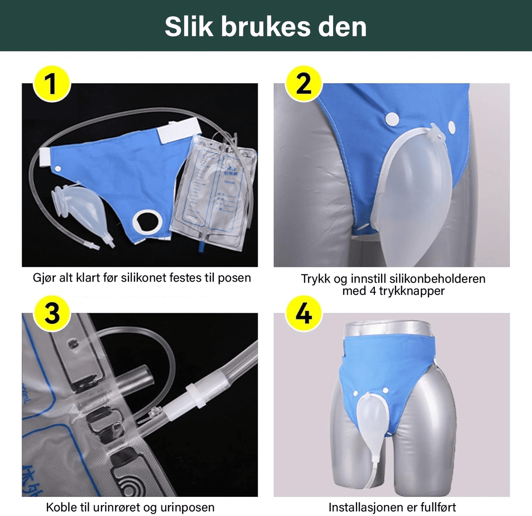 Bærbar og komfortabel urinpose, lekkasjesikker løsning for inkontinens og mobilitet.