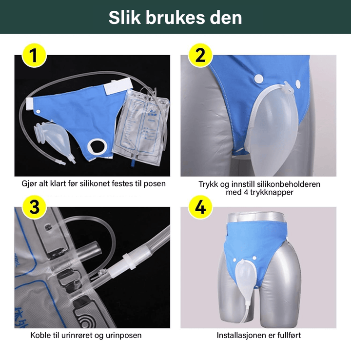 Bærbar og komfortabel urinpose, lekkasjesikker løsning for inkontinens og mobilitet.