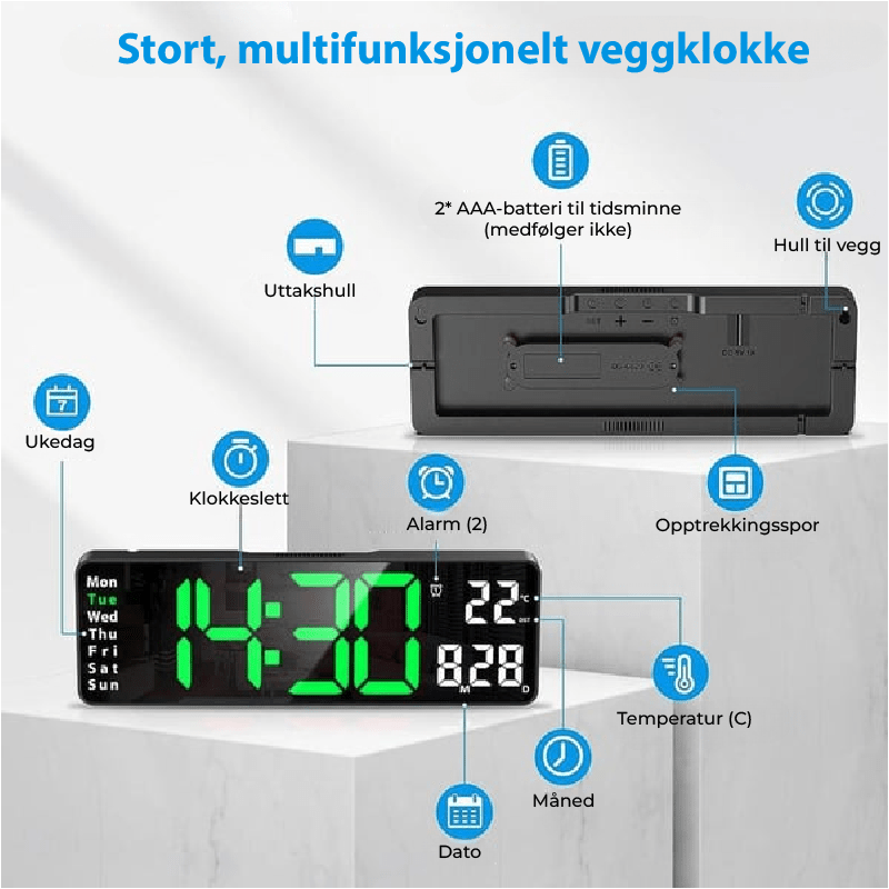 Slank og moderne digital veggklokke. Tydelig display for tid og dato. Inkluderer temperatur.