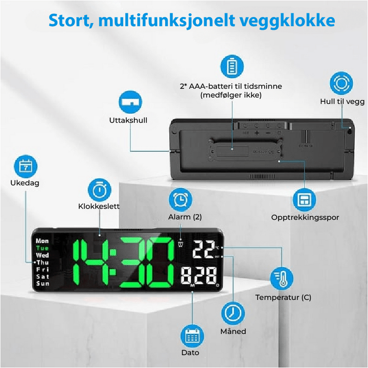 Slank og moderne digital veggklokke. Tydelig display for tid og dato. Inkluderer temperatur.