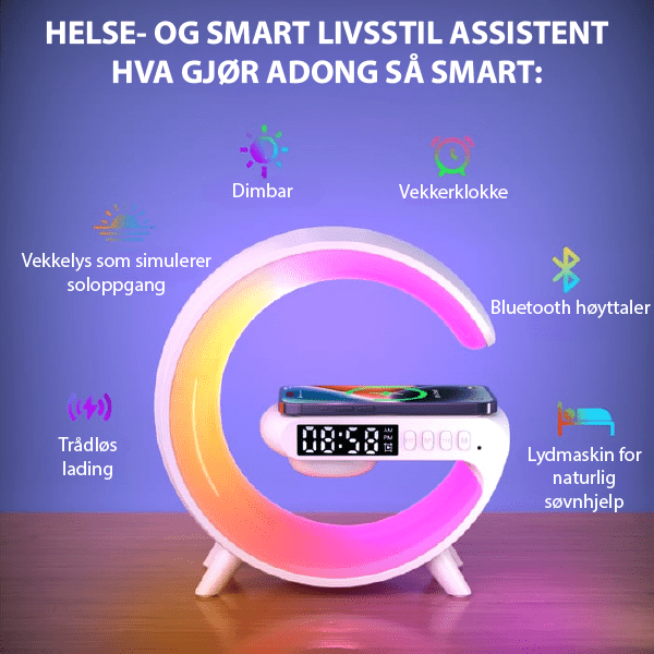 Bordlampe som multifunksjonell smartlampe: Bluetooth høyttaler, trådløs lading og beroligende lys.