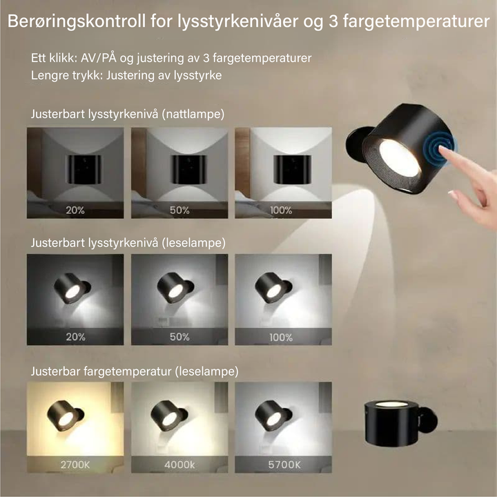 Elegant LED vegglampe for moderne interiør. Trådløs, dimbar og roterbar. Perfekt stemningslys.