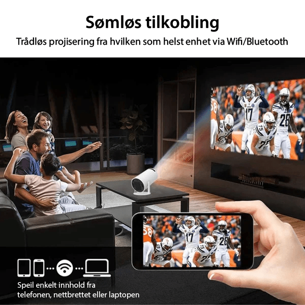 Smartprojektor, bærbar, klar for utendørs filmkvelder. Gir skarpe HD-bilder under stjernehimmelen.