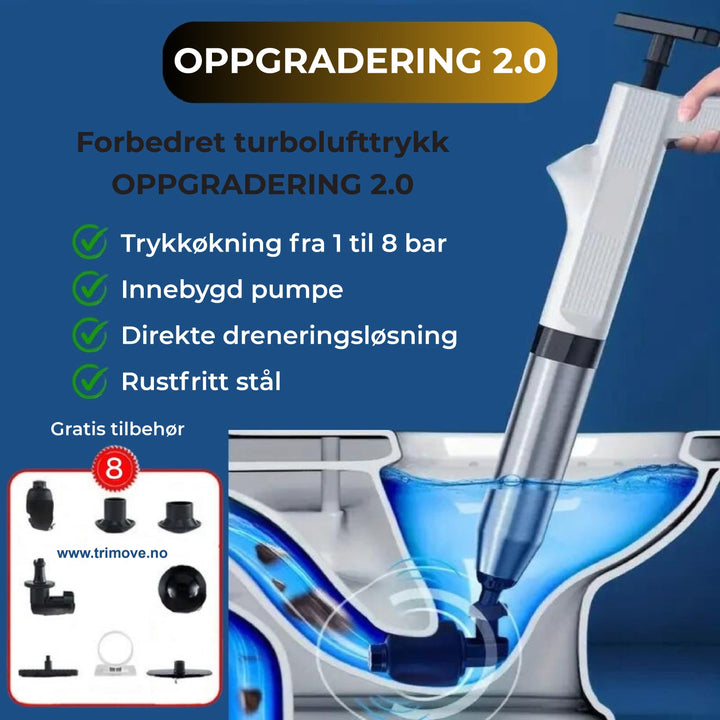 Kraftig avløpsåpner for kjøkkenavløp og bad. Løser tette rør med høyt lufttrykk effektivt.