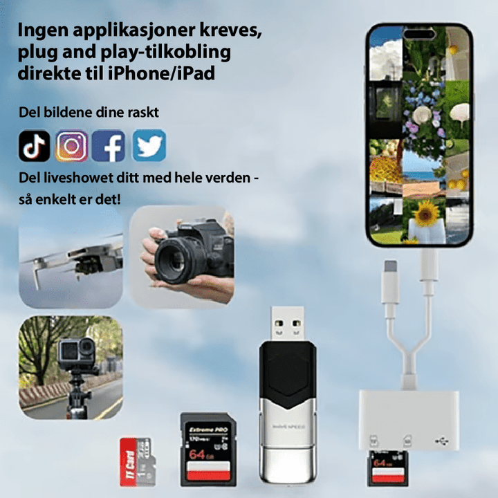 Slank og bærbar USB-C minnekortleser. Les SD- og TF-kort raskt på farten til dine enheter.