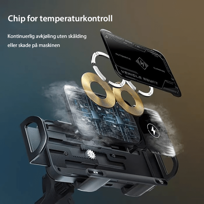 Universal bilholder for mobiltelefoner med trådløs QI-lading og 360° justering.