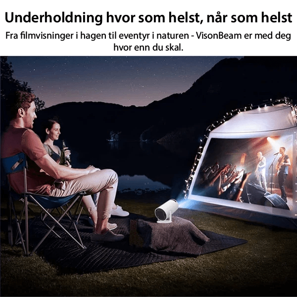 Allsidig bærbar HD-projektor for film, sport og underholdning. Fungerer hjemme, utendørs, overalt.