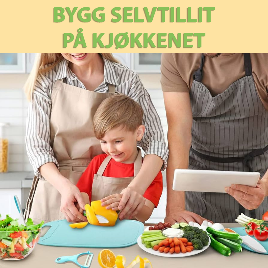 Ergonomisk utformede kjøkkenredskaper for barn i slitesterkt materiale, lett å holde og rengjøre.