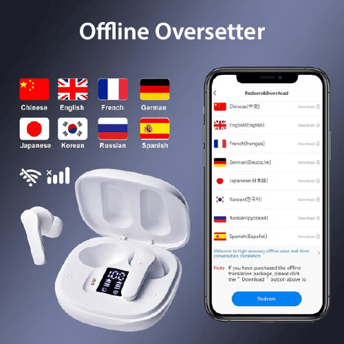 Bilde av person som bruker trådløse oversettelses-ørepropper under samtale. Enkel global kommunikasjon.