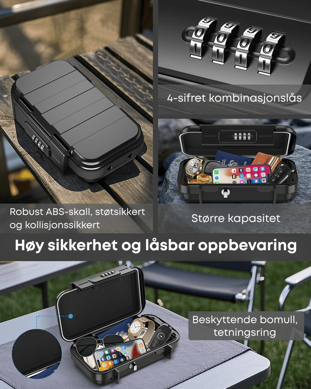 Innsidebilde av reisesafe, viser rom for pass, kredittkort og kontanter; organisert og sikkert.