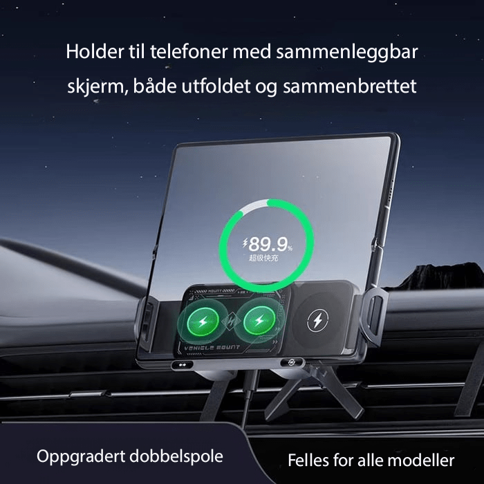 Sikker bilholder for telefon med trådløs lading; handsfree kommunikasjon og navigasjon.
