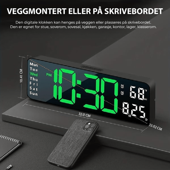Praktisk digital veggklokke for hjemmekontoret med stor skjerm, tid, dato og temperatur.