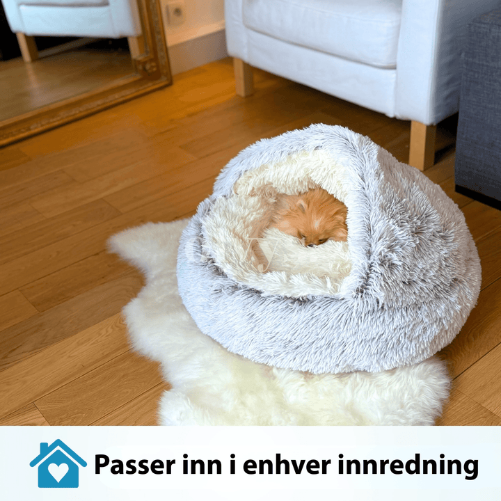 Plysj katteseng med hette som gir trygghet og angstdempende hvile, lett å vedlikeholde.
