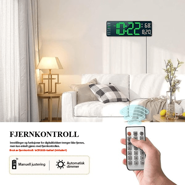 Robust digital klokke for lager og verksted. Tydelig visning av tid, dato og temp.