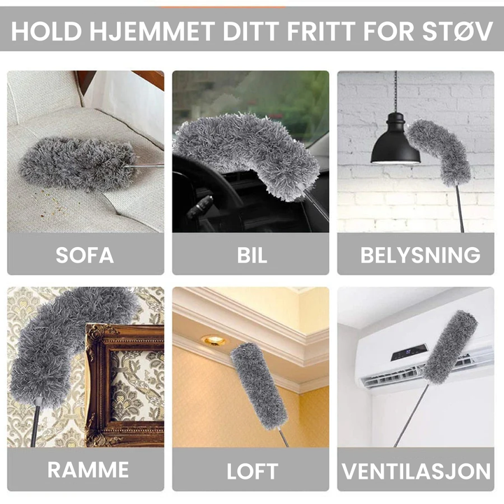 Uttrekkbar støvkost i bruk, fjerner effektivt støv fra høye tak. Essensiell for grundig rengjøring.