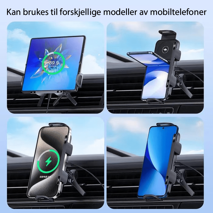 Moderne gadget: Trådløs mobilholder med smart festemekanisme for bilens interiør.
