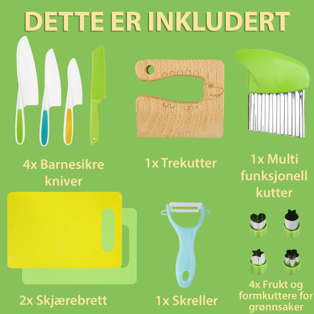 Barnas kjøkkenredskaper; et trygt og gøyalt sett for barn som vil lære å lage mat.