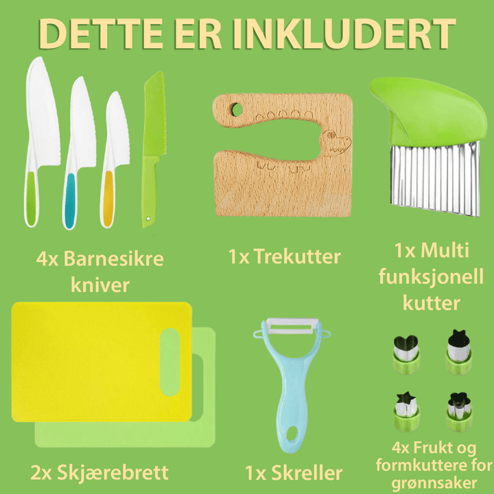 Barnas kjøkkenredskaper; et trygt og gøyalt sett for barn som vil lære å lage mat.