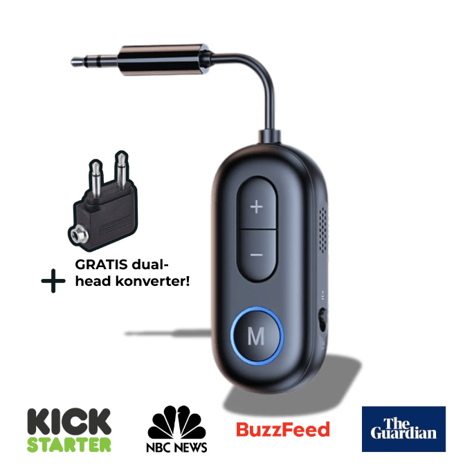 Bærbar Bluetooth-adapter for trådløs lyd på flyreiser. Koble hodetelefoner til flyunderholdning trådløst.