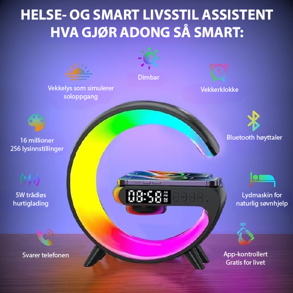 Smartlampe som gir sovehjelp med mykt lys, fargeterapi og beroligende lyder fra Bluetooth.