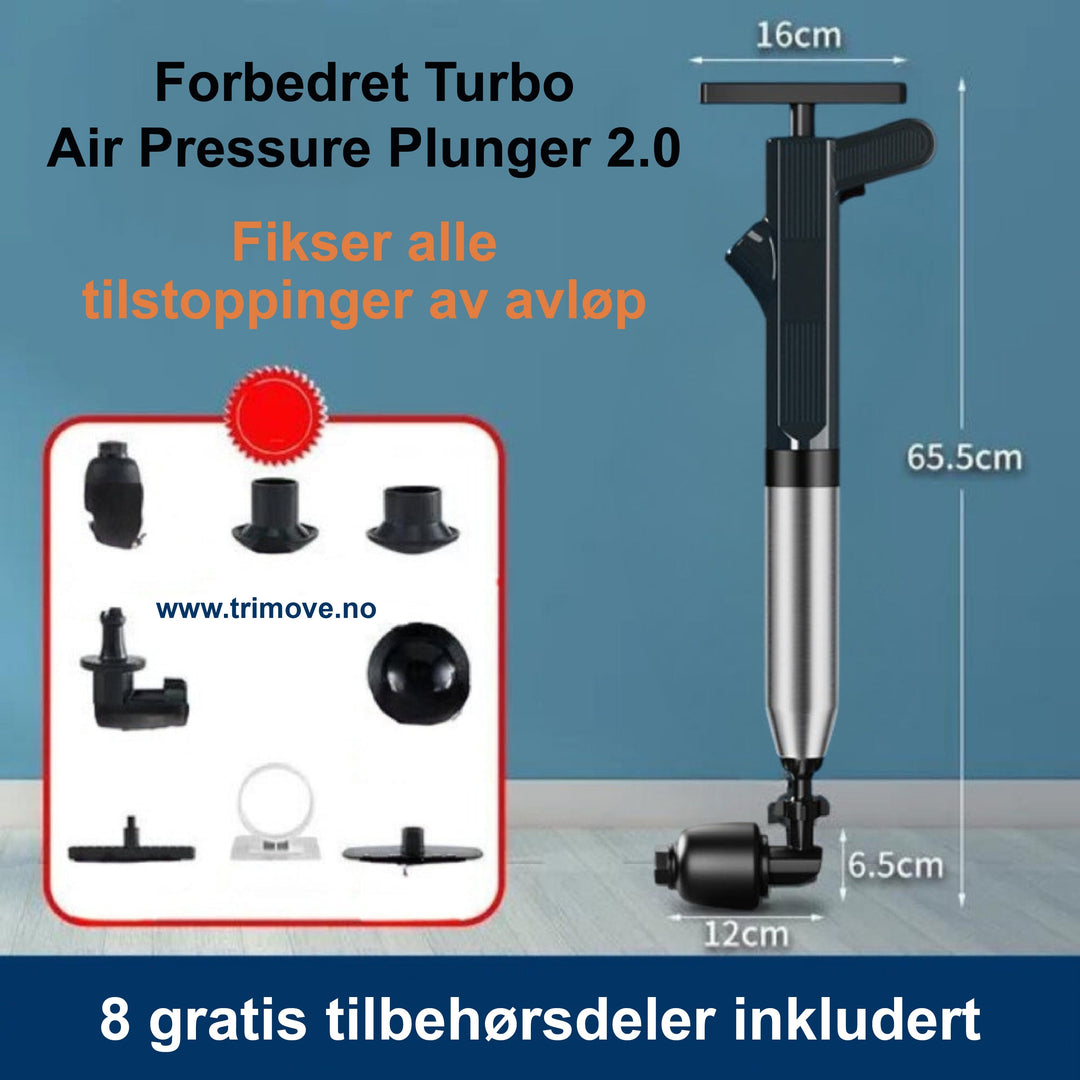 Ny Turbo Lufttrykk Avløpsåpner for rengjøring av tette avløp. Et must for kjøkken og bad.