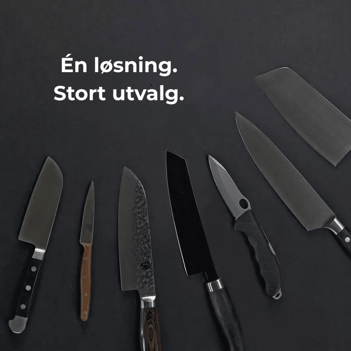 Kompakt manuell knivsliper med trebunn i bøk/gummitre. Perfekt kjøkkenverktøy for skarpere kniver.