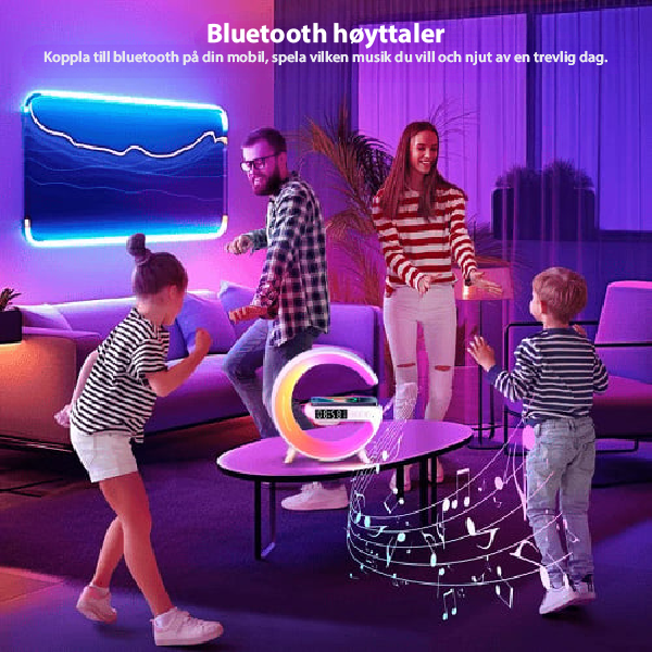 Moderne vekkerklokke med smartlampe, lysfunksjoner, Bluetooth lyd og trådløs laderintegrasjon.