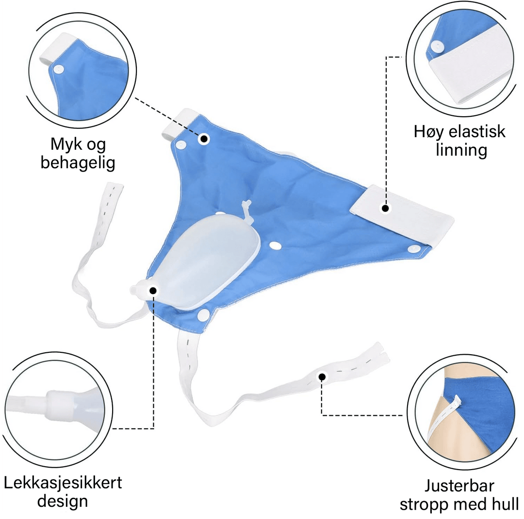 Lekkasjesikker urinoppsamler, bærbar urinpose for dag og natt, praktisk hjelpemiddel.