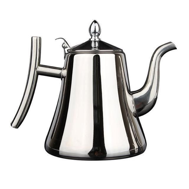 Elegant induksjonskjele i rustfritt stål med innebygd filter, perfekt for te og matlaging.