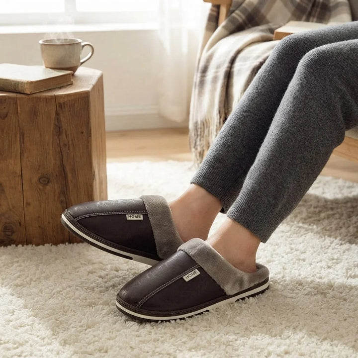 Koselige innendørs slip-on tøfler i PU med mykt fôr og holdbar sklisikker såle.