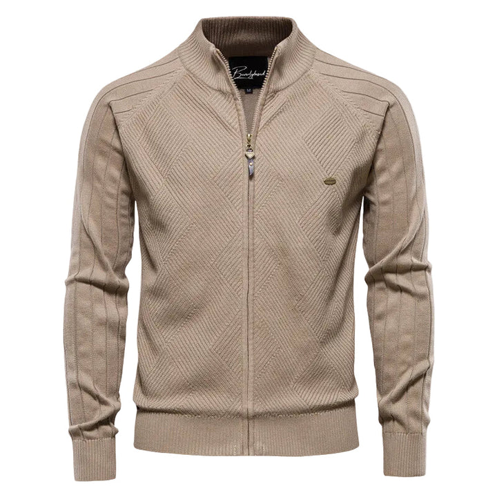 Stilfull herrecardigan med full glidelås, høy krage og elegant strikket design for herremote.