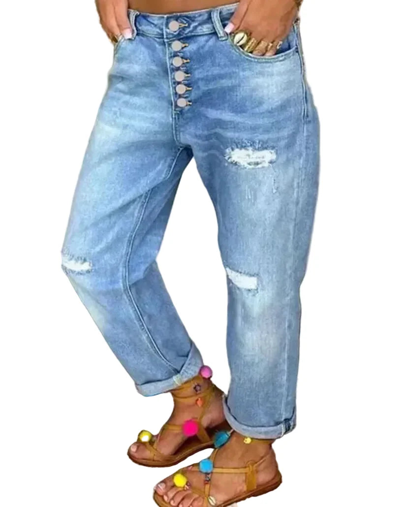 Dame baggy jeans med løs passform for komfortabel hverdagsstil. Trendy kvinner bukser perfekt for vår/sommer.