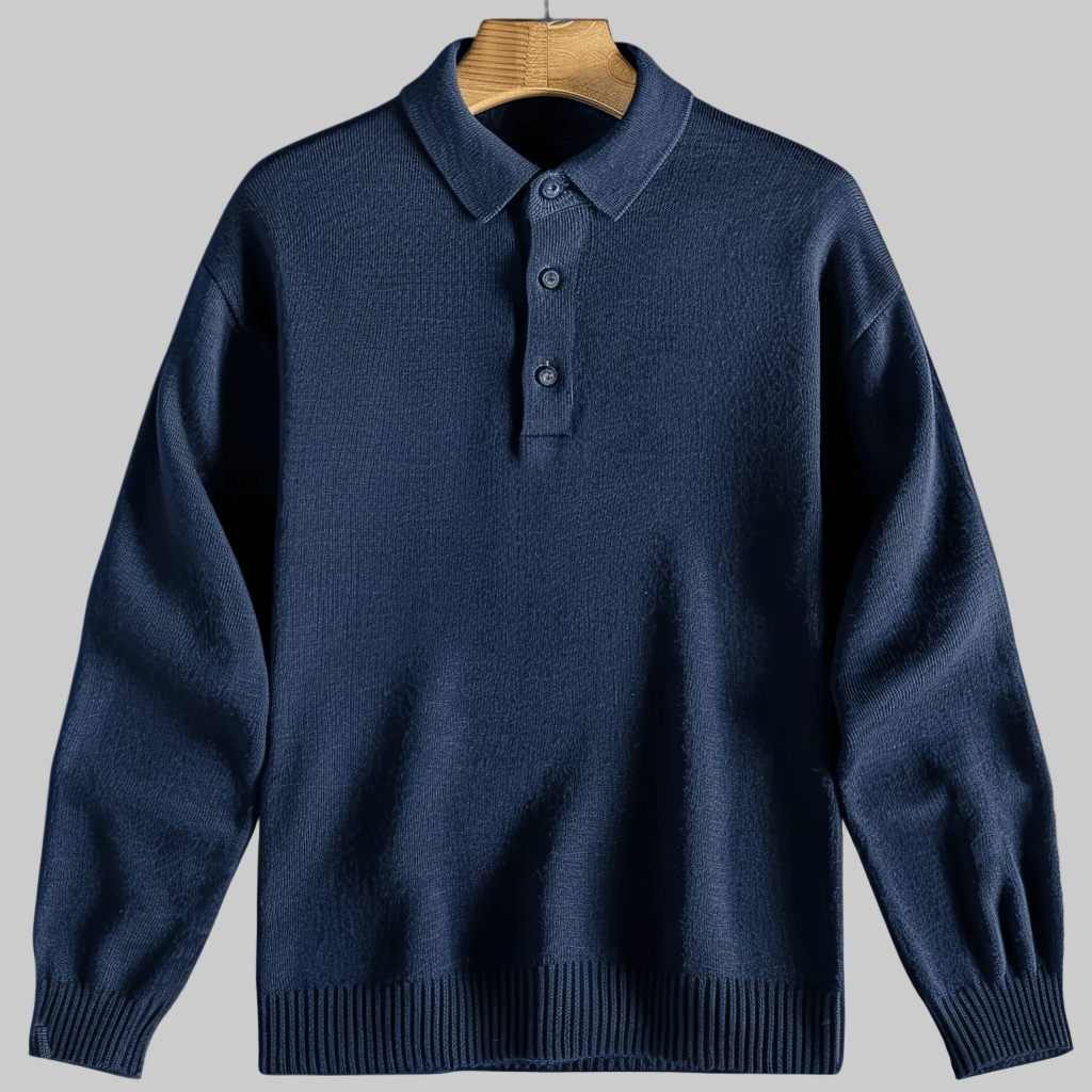 Klassisk herre strikket polo genser. Tidløs langermet design for elegant og komfortabel hverdagsbruk.
