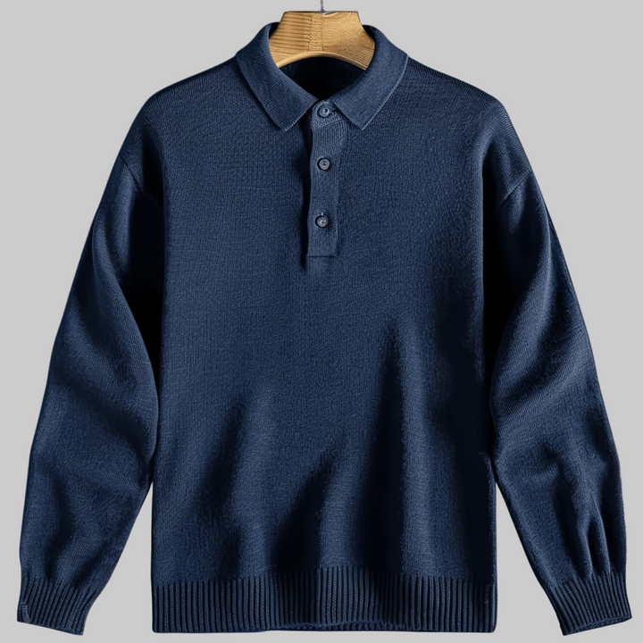 Klassisk herre strikket polo genser. Tidløs langermet design for elegant og komfortabel hverdagsbruk.
