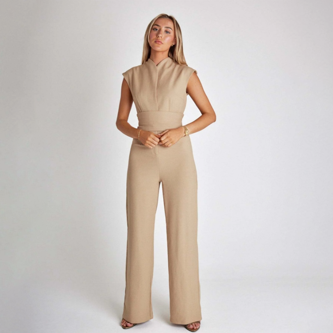 Chic khaki dame jumpsuit med vide ben, en komfortabel og stilfull løsning for hverdagsbruk.