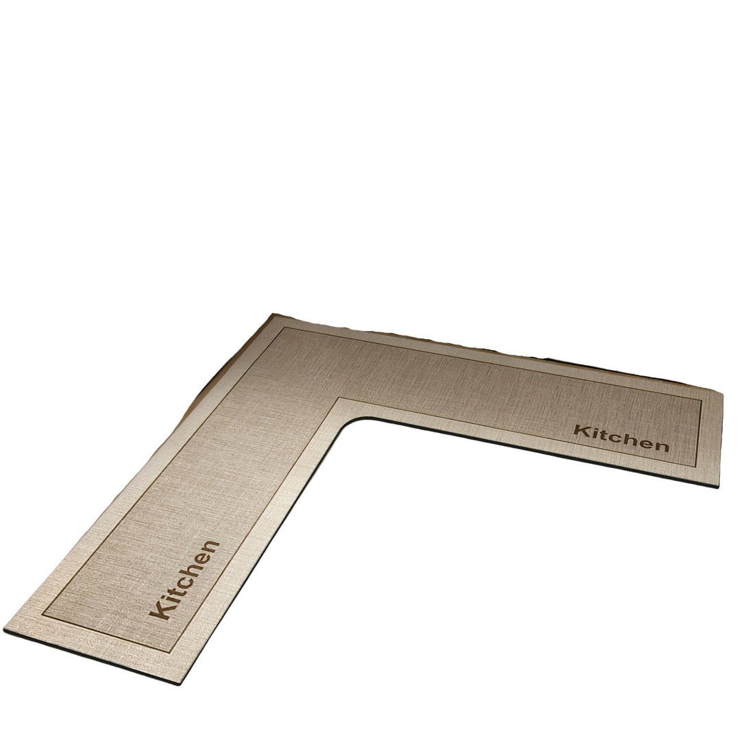 L-formet kjøkkenmatte i beige, sklisikker og vaskbar, for optimal komfort og stil på kjøkkengulvet.
