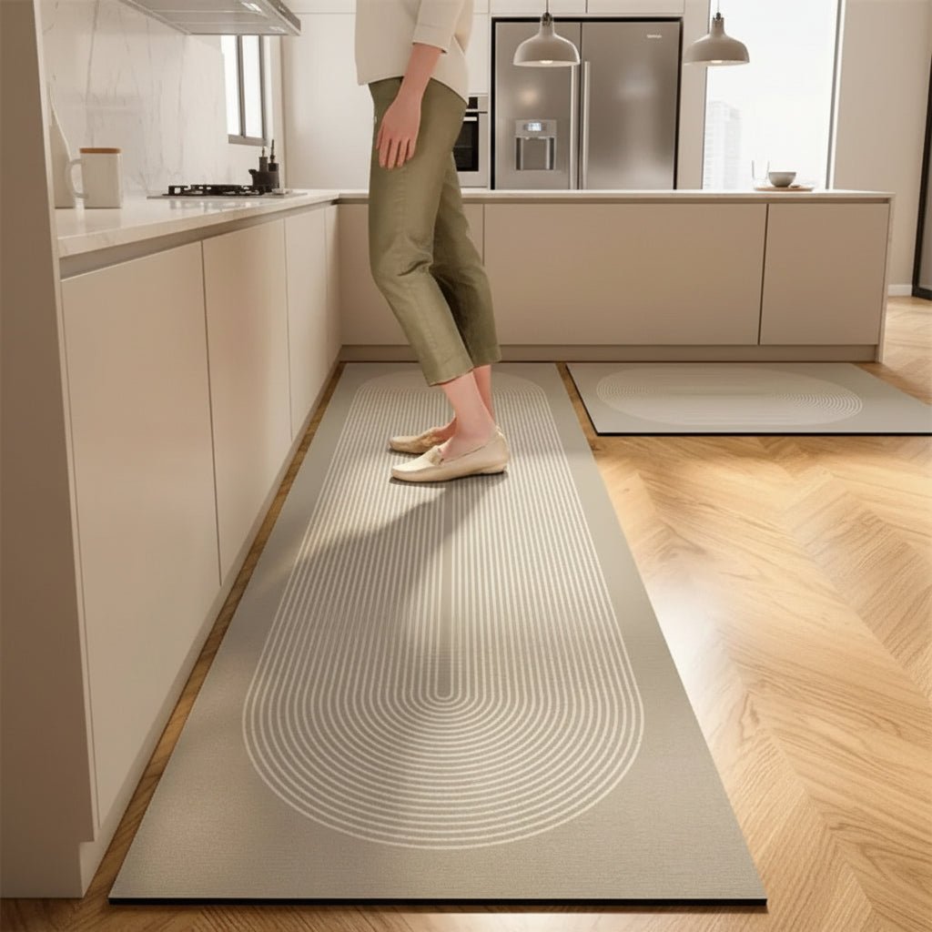 Ergonomisk anti-tretthet gulvmatte i fiberstoff og gummi, gir komfort og støtte til føttene på kjøkkenet.