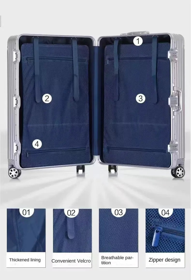 Koffert med fire robuste 360° spinnerhjul, hardt skall og TSA-lås, ideell for reisebagasje.
