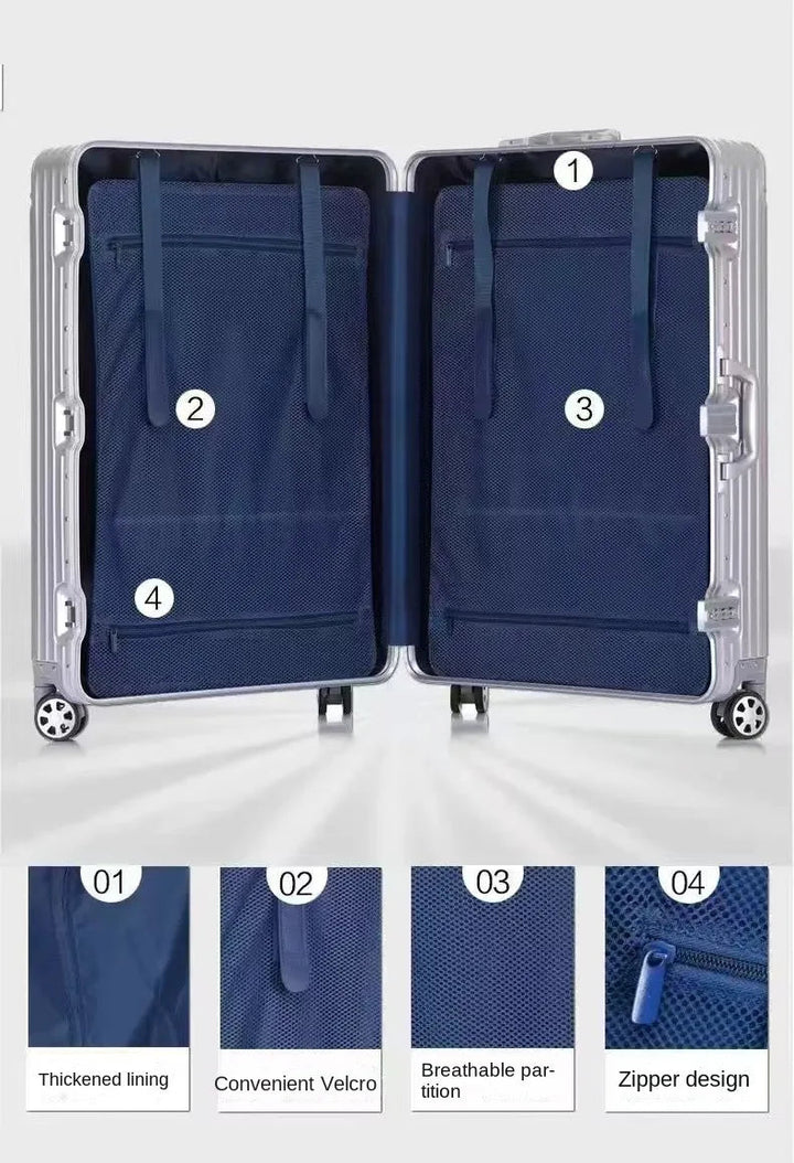 Koffert med fire robuste 360° spinnerhjul, hardt skall og TSA-lås, ideell for reisebagasje.