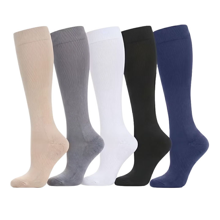 Knelange unisex kompresjonsstrømper (20-30 mmHg) i 5-pakning for sirkulasjon og benkomfort.