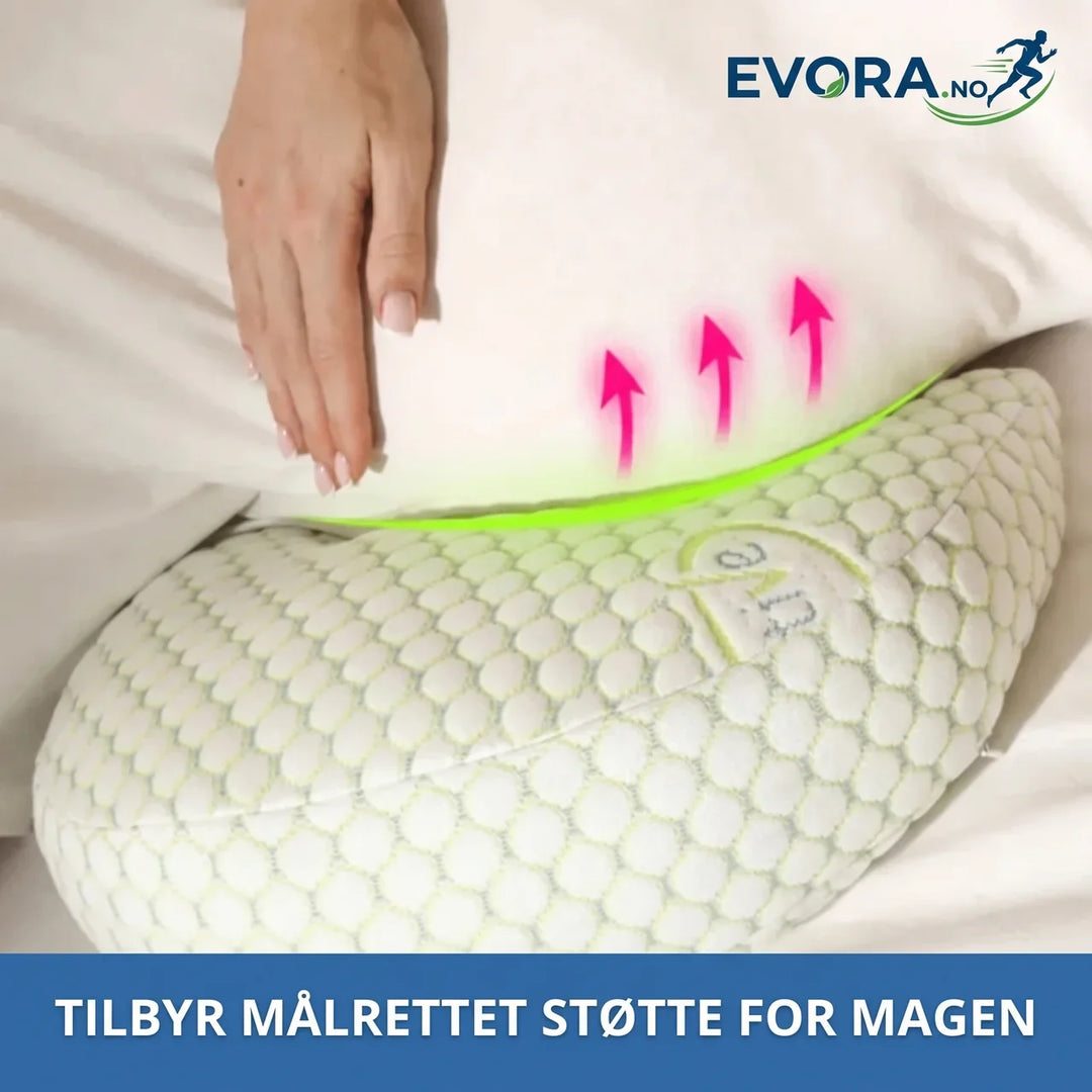 Stor U-formet støttepute i grått, designet for gravide og generell avslapning.