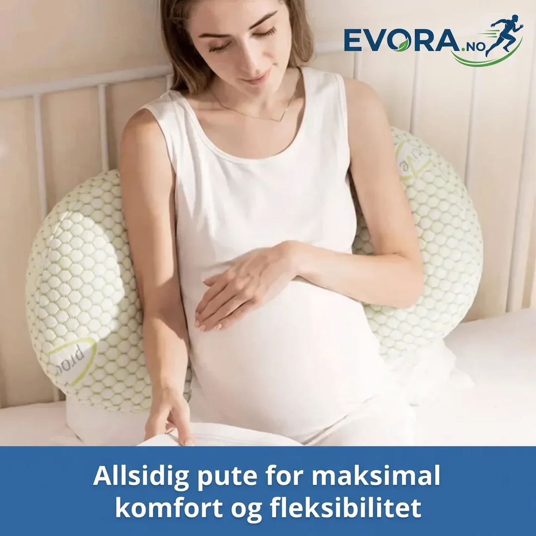 Multifunksjonell U-pute i grått, perfekt som støttepute for gravide og sideleie.