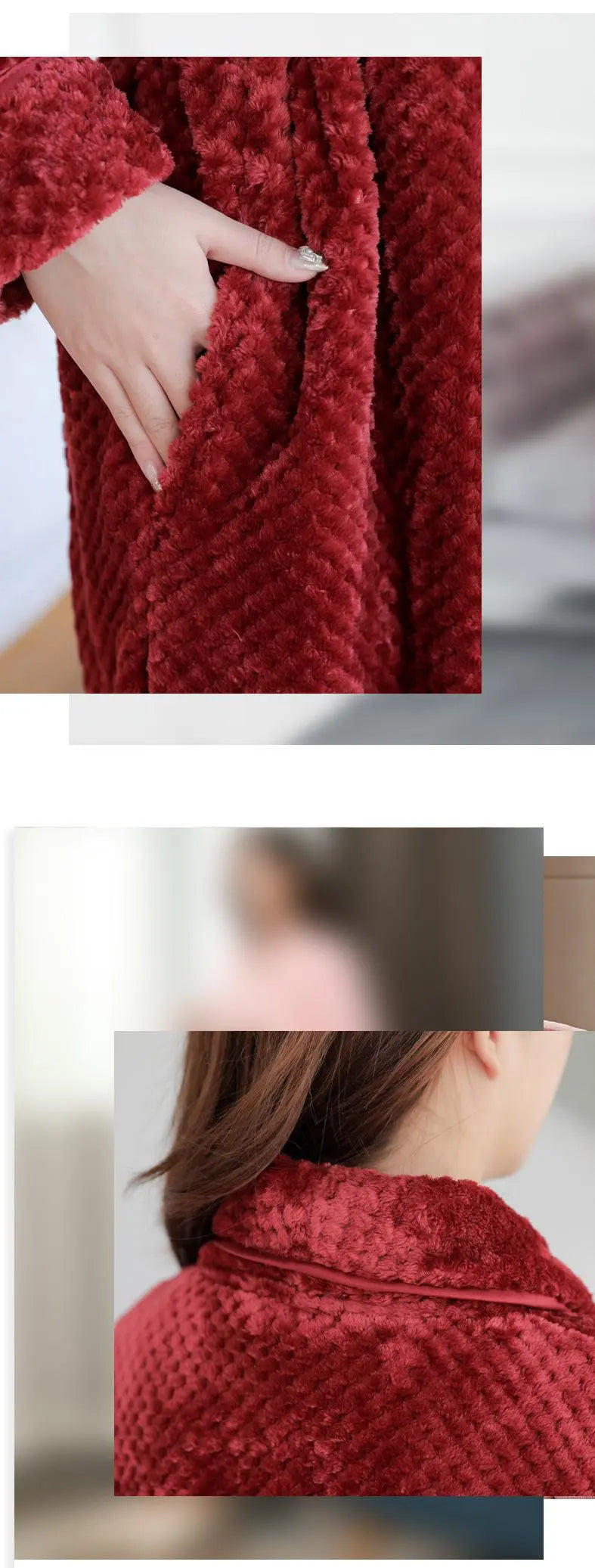 Lang badekåpe i myk fleece for kvinner. Gir varme og komfort til hjemmekvelder.