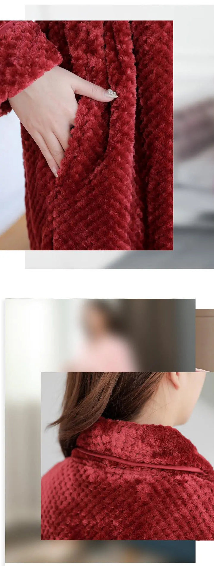 Lang badekåpe i myk fleece for kvinner. Gir varme og komfort til hjemmekvelder.