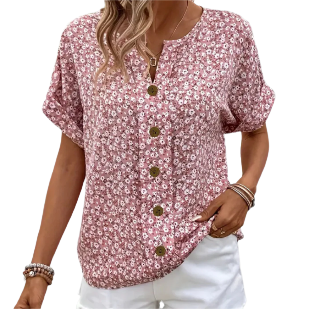Kvinnebluse med blomsterprint, lett og luftig for sommeren. Stilfull feminin topp for hverdag og fest.