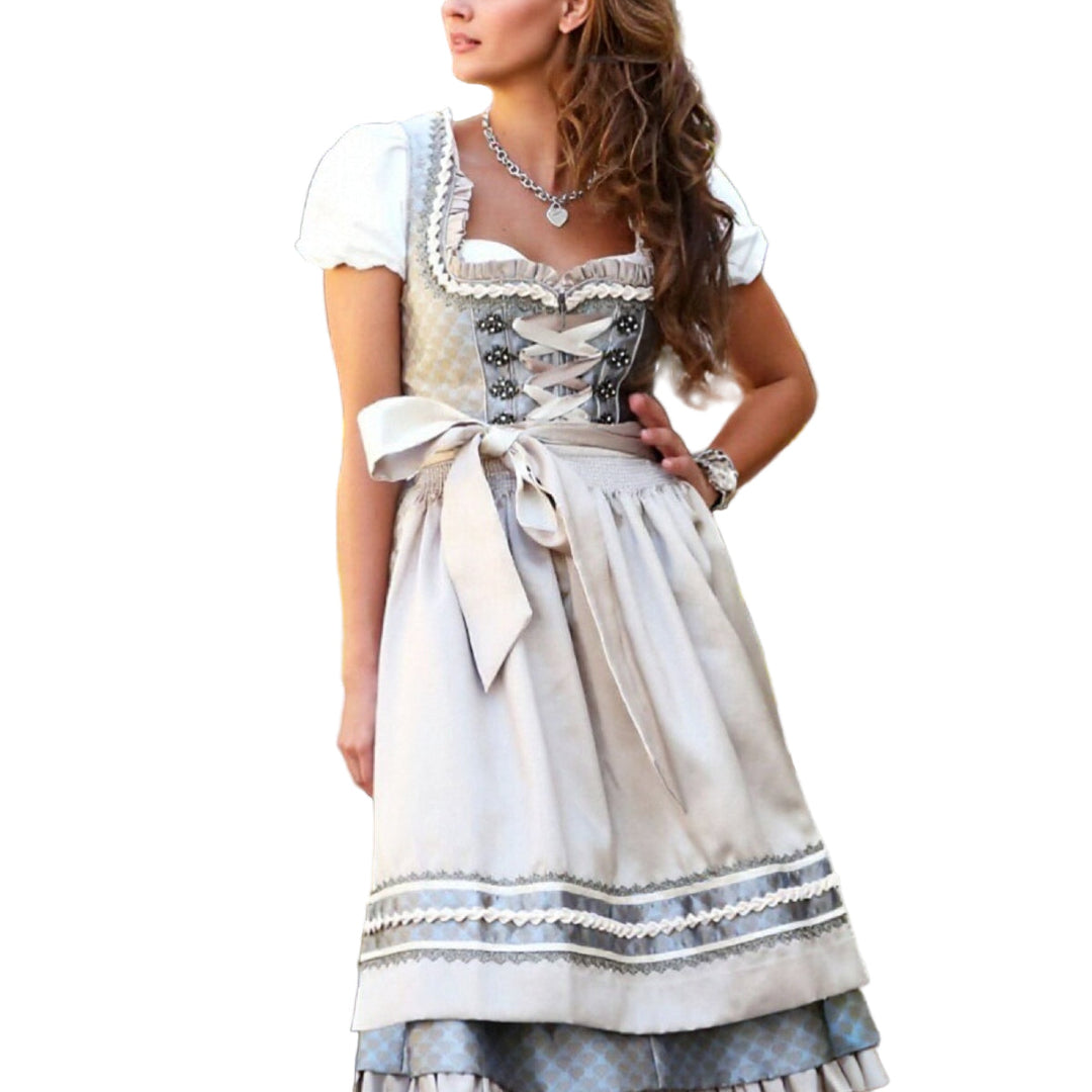Elegant aprikos dirndlkjole for kvinner med snøring og lagdelt skjørt, perfekt for Oktoberfest og folkefest.