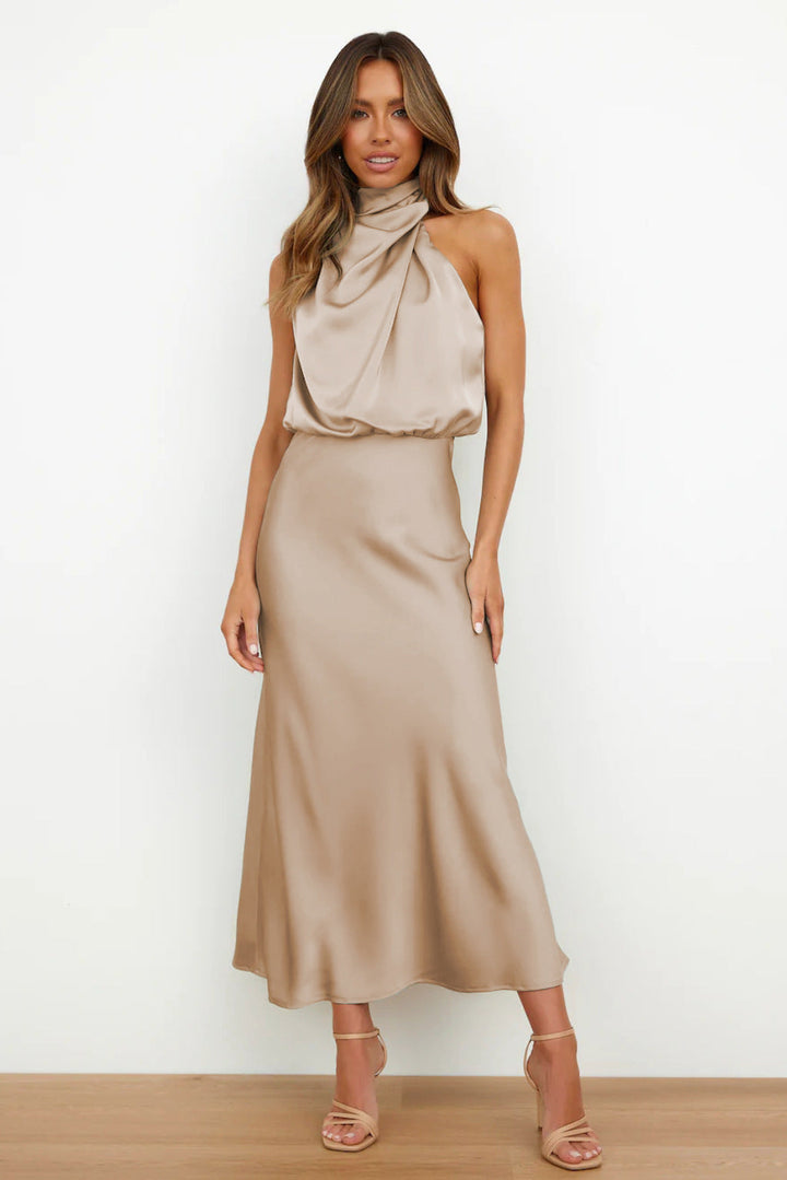 Tidløs elegant lang kjole for kvinner med høy hals. En klassisk aftenkjole for fest og formelle begivenheter.