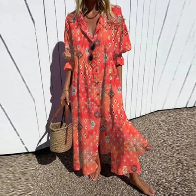 Kvinne i elegant bohemsk maxikjole, ideell for avslappede sommerfester og strandpromenader.