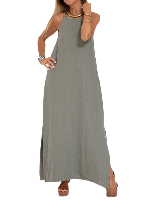 Elegant halter maxikjole i bomull/linblanding for kvinner. Avslappet sommerkjole med stilig sidesplitt.