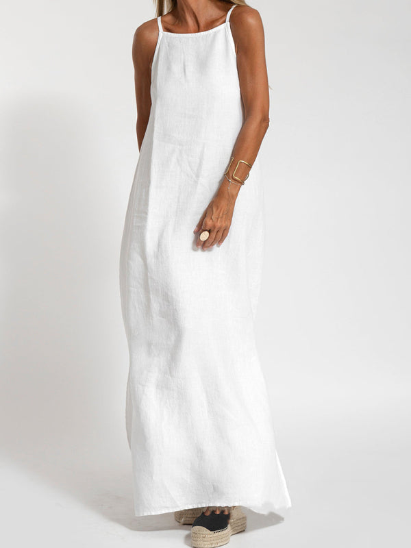 Kvinners elegante halter maxikjole. Luftig bomullslin blanding med sidesplitt, ideell som sommerkjole.